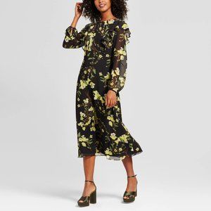 Who What Wear - Black and Green Floral Midi Dress with Flutter Sleeve - Size L